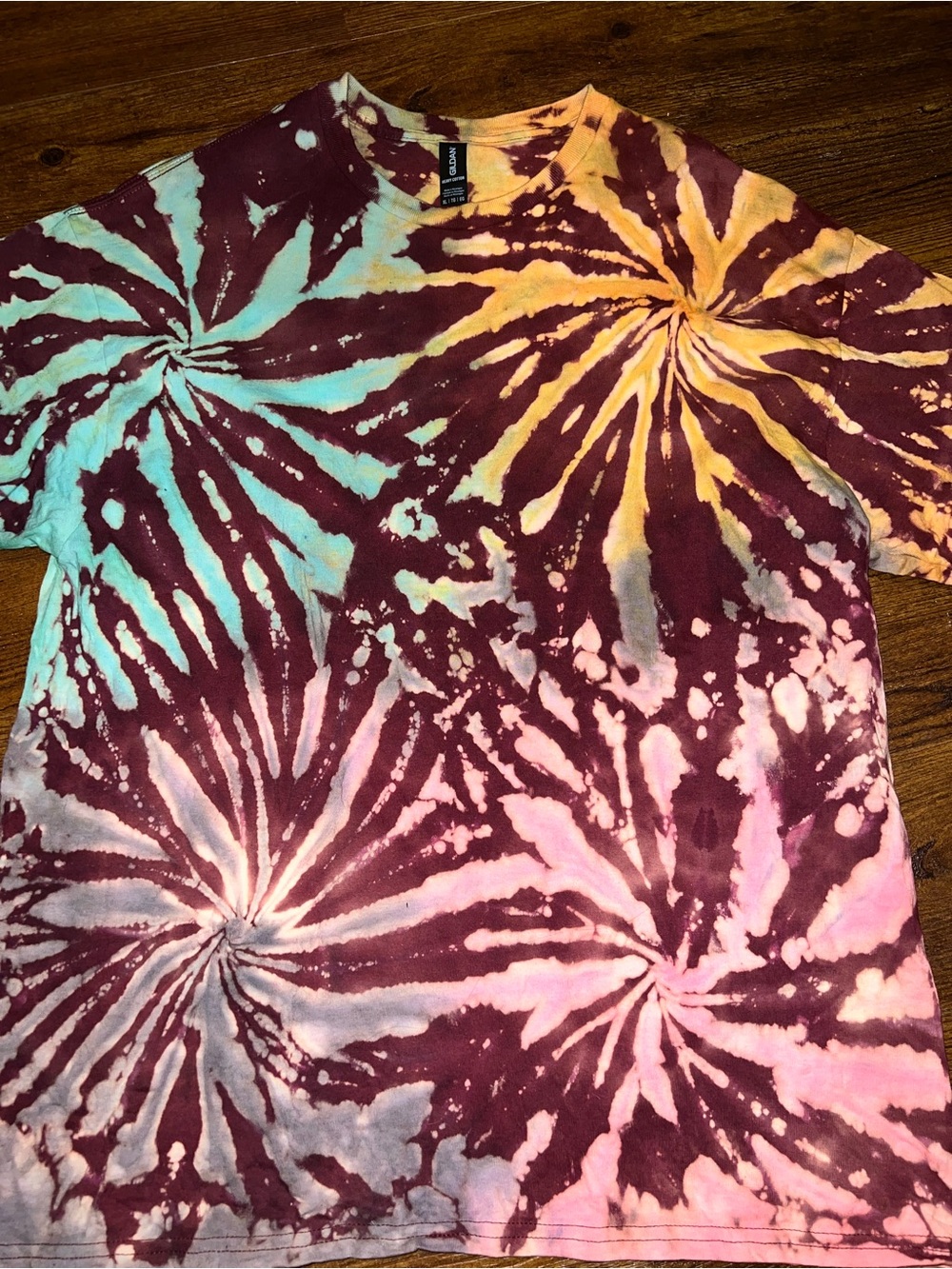 Burgundy Multicolor Tie Dye Firework Retro Handmade Short Sleeve Shirt Size XL - Picture 2 of 10